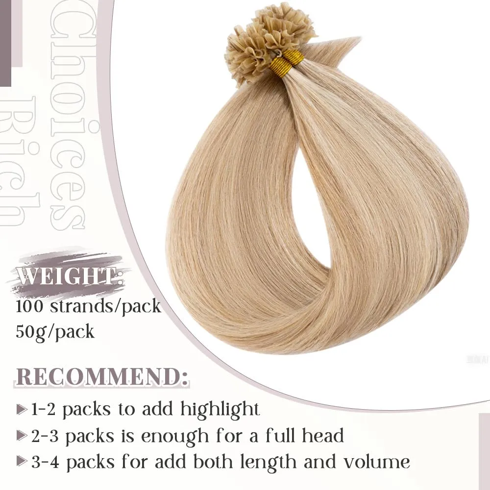 Rich Choices U Tip Hair Extensions Human Hair,100 Strands 0.5g/Strand K Tip Real Remy Human Hair Extensions Nail Tip K Tip Keratin Hair Extension 22 Inch #12P613 Golden Brown Highlight Bleach Blonde