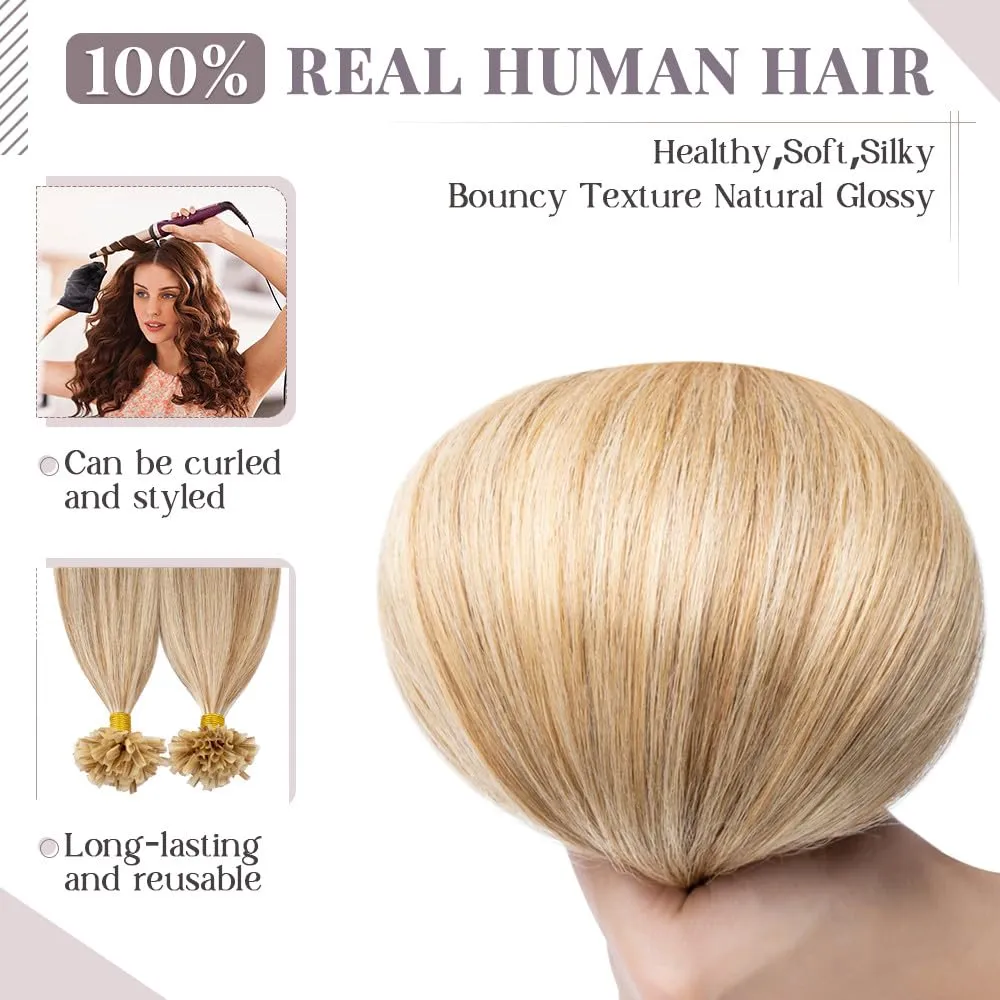 Rich Choices U Tip Hair Extensions Human Hair,100 Strands 0.5g/Strand K Tip Real Remy Human Hair Extensions Nail Tip K Tip Keratin Hair Extension 22 Inch #12P613 Golden Brown Highlight Bleach Blonde