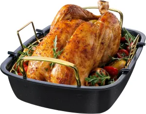 Roasting Pan with Rack, 17 x 13 Inch Nonstick roaster pan with Steel Handles, Perfect for Turkey, Meat, Vegetables, and Lasagna, Ideal for Ovens, Thanksgiving, and Christmas (Golden)