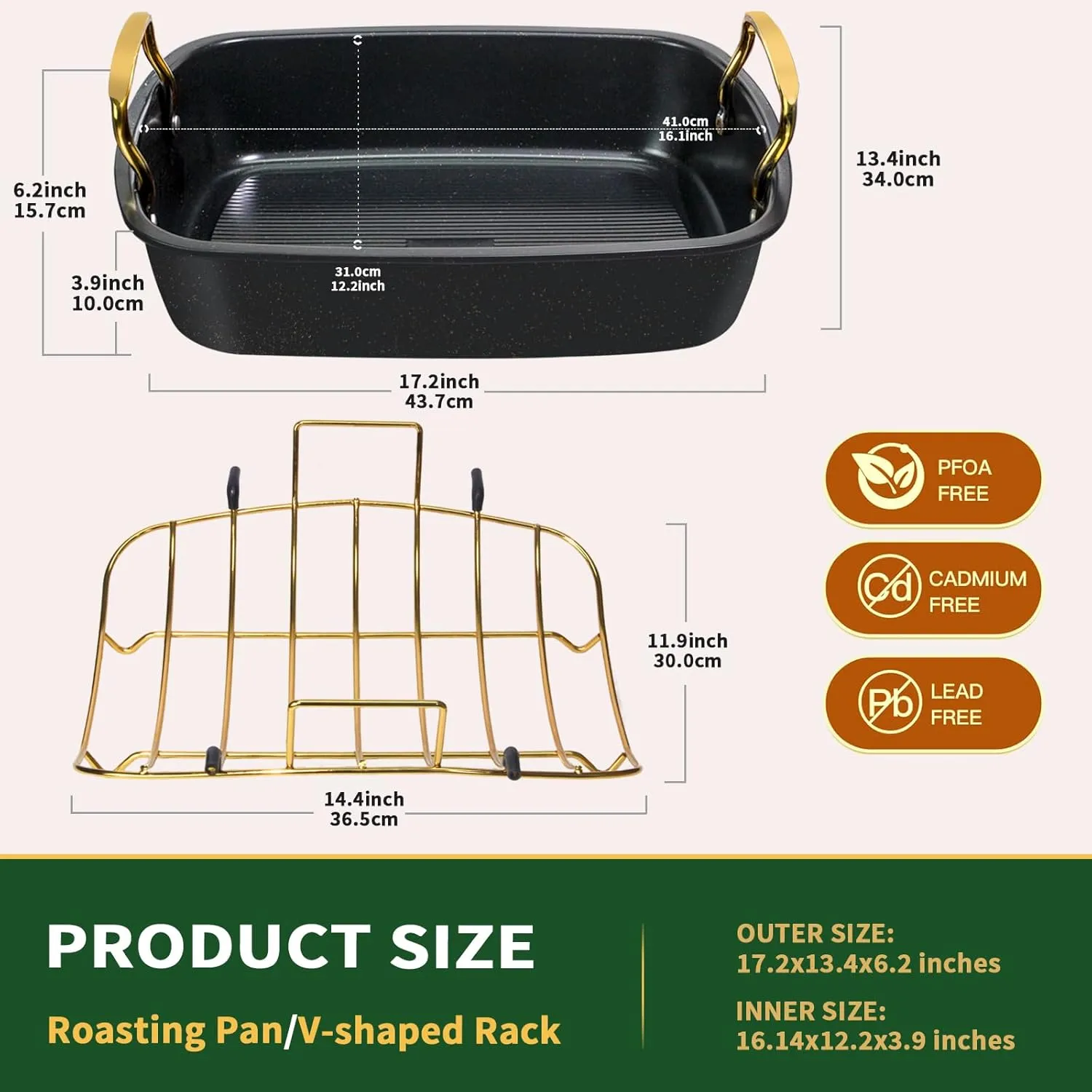 Roasting Pan with Rack, 17 x 13 Inch Nonstick roaster pan with Steel Handles, Perfect for Turkey, Meat, Vegetables, and Lasagna, Ideal for Ovens, Thanksgiving, and Christmas (Golden)