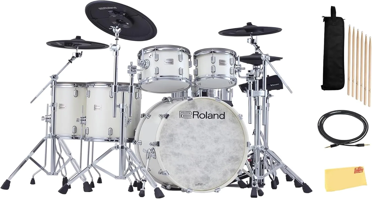 Roland VAD716-PW V-Drums Acoustic Design Electronic Drum Set - Pearl White Bundle with Audio Cable, Drumsticks, Drumstick Bag, and Austin Bazaar Polishing Cloth
