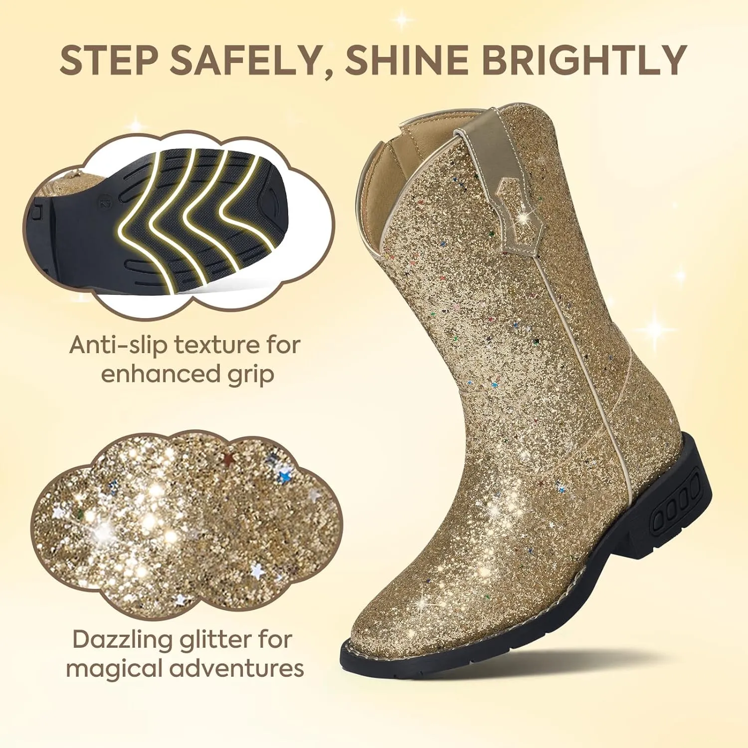 Rollda Girls Cowboy Boots Glitter Western Boots Sequin Cowgirl Boots for Girls