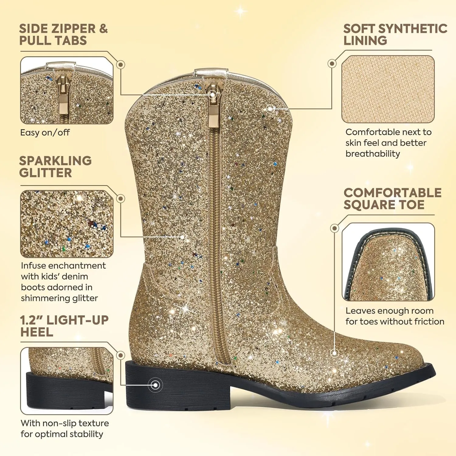 Rollda Girls Cowboy Boots Glitter Western Boots Sequin Cowgirl Boots for Girls