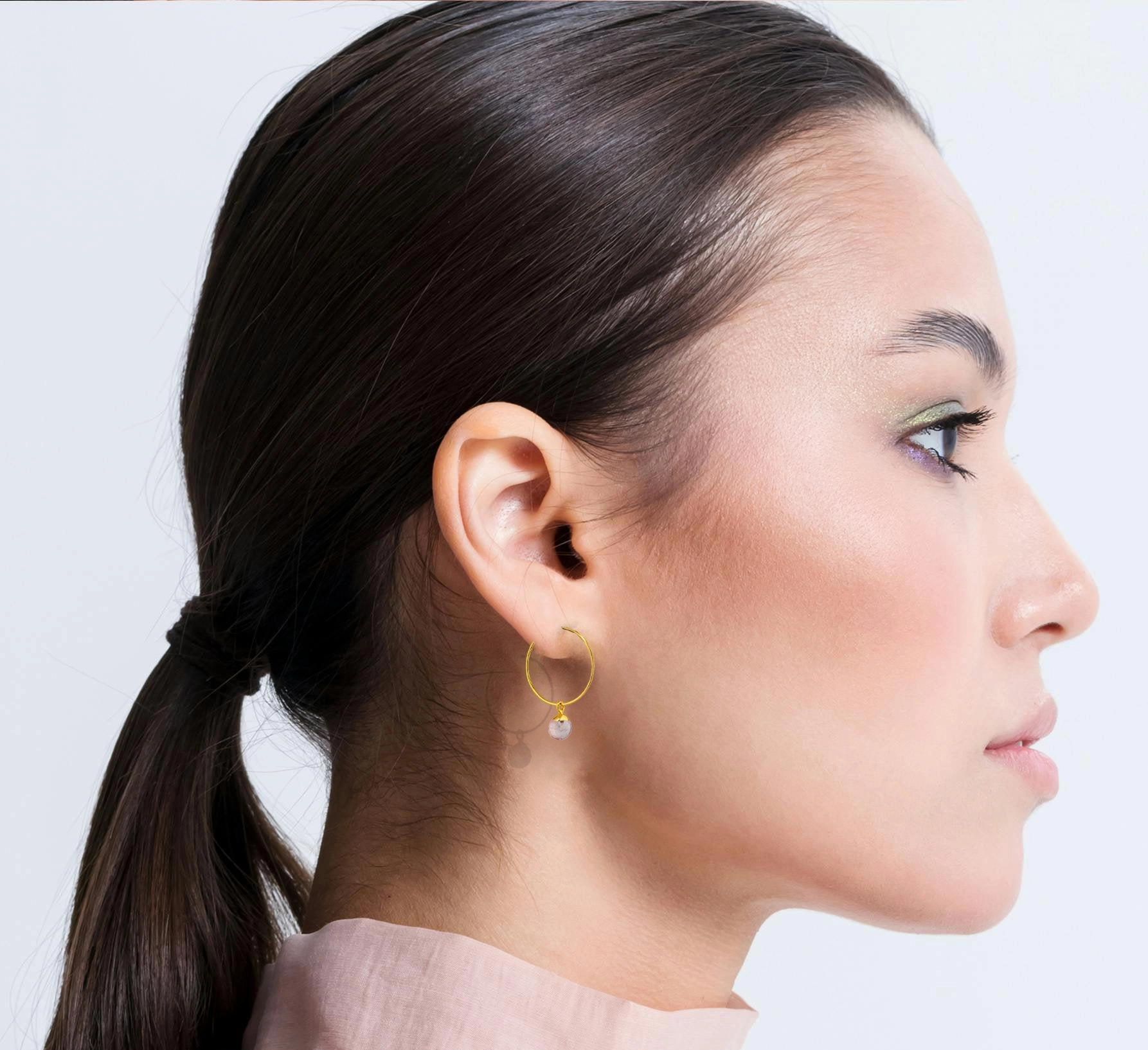 Rose Quartz Earrings: Dainty Gold Hoops With Light Pink Gemstones & Gold Accents