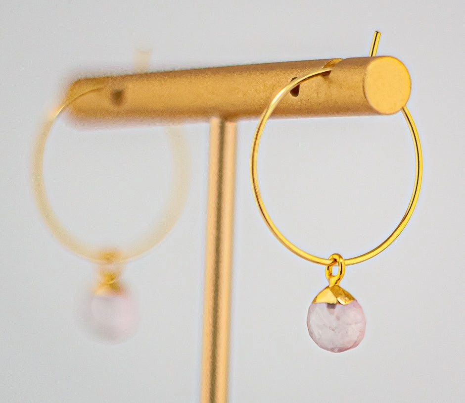 Rose Quartz Earrings: Dainty Gold Hoops With Light Pink Gemstones & Gold Accents