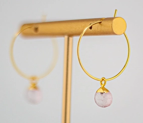 Rose Quartz Earrings: Dainty Gold Hoops With Light Pink Gemstones & Gold Accents
