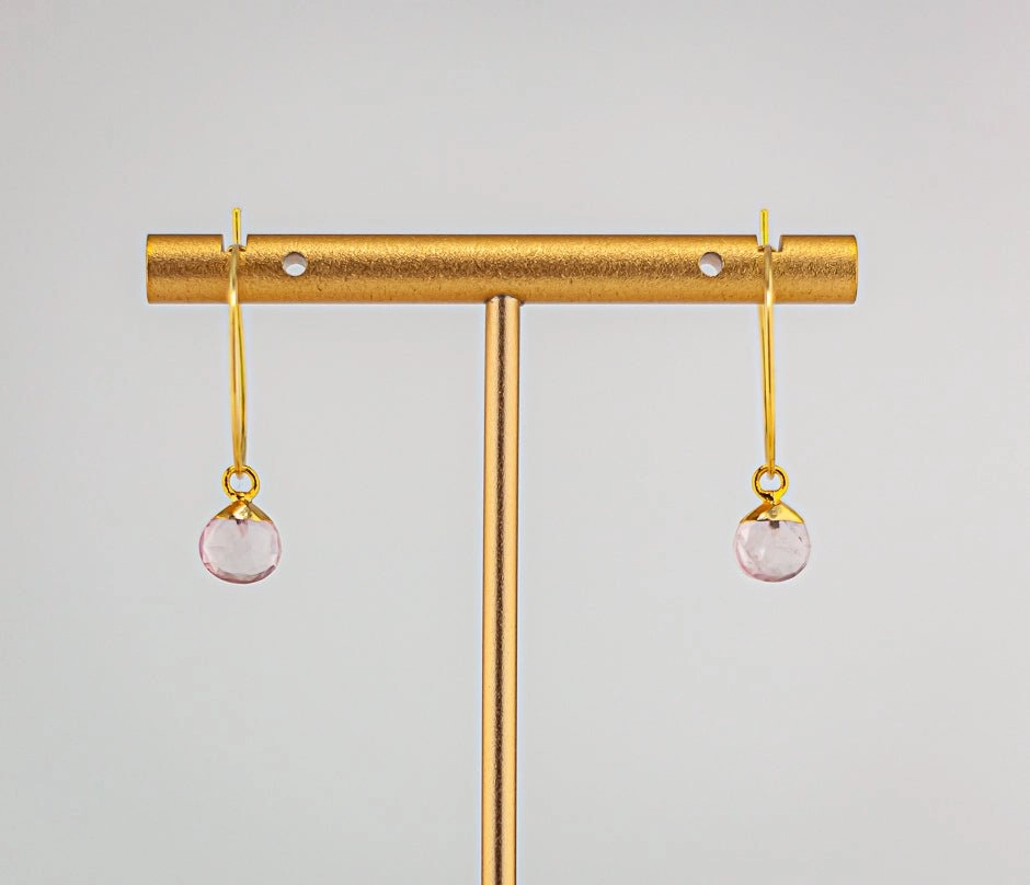 Rose Quartz Earrings: Dainty Gold Hoops With Light Pink Gemstones & Gold Accents