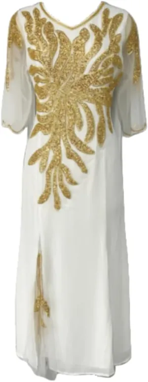 Round Neck Half Sleeve White Dress Gold Floral Design Sequin Embroidery Elegant Womens Evening Dress