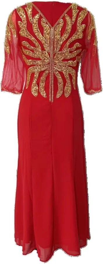 Round Neck Half Sleeve White Dress Gold Floral Design Sequin Embroidery Elegant Womens Evening Dress