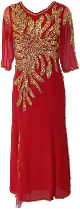 Round Neck Half Sleeve White Dress Gold Floral Design Sequin Embroidery Elegant Womens Evening Dress