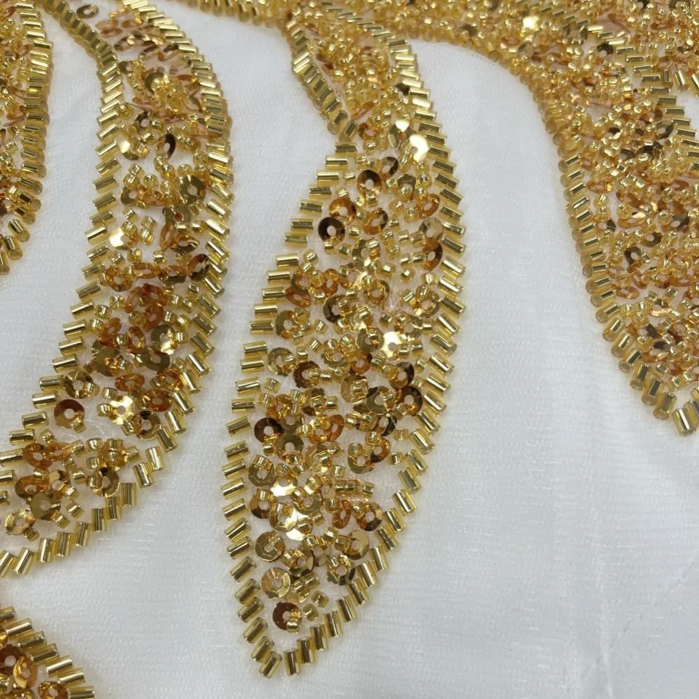 Round Neck Half Sleeve White Dress Gold Floral Design Sequin Embroidery Elegant Womens Evening Dress