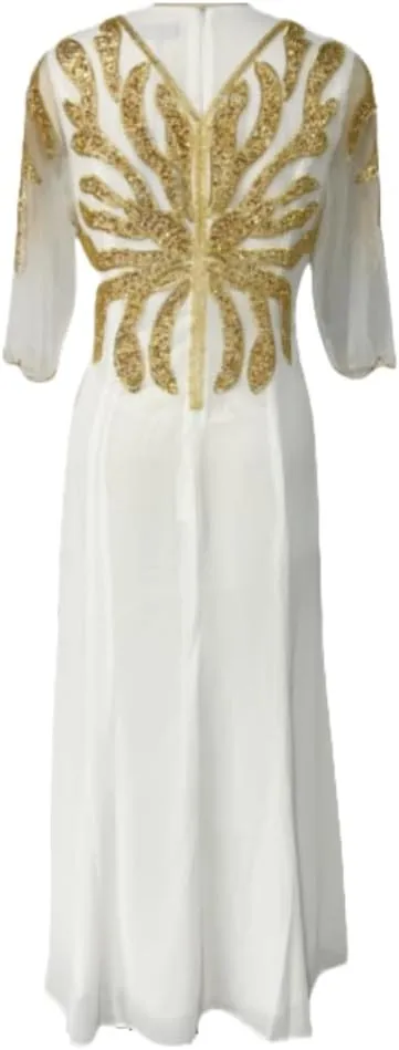 Round Neck Half Sleeve White Dress Gold Floral Design Sequin Embroidery Elegant Womens Evening Dress