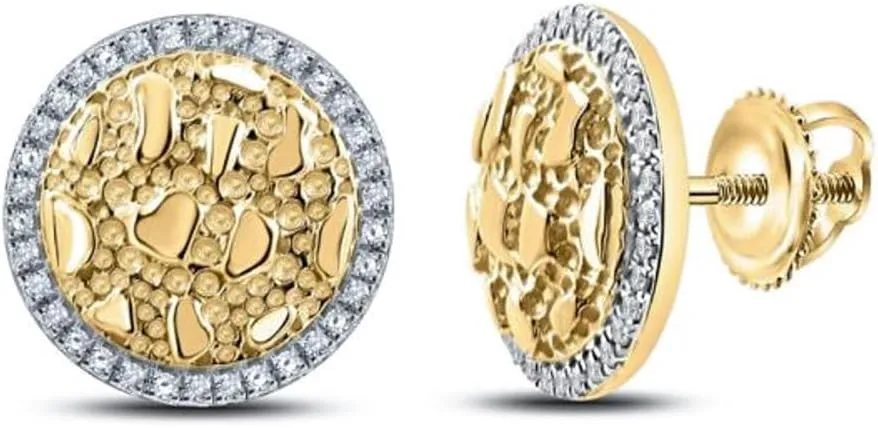 Round Unisex 14K Yellow Gold Plated 925 Sterling Silver Circle Large 90's Hip Hop Ice Out 5A Cz Big Hypoallergenic Solid Gold Nugget Stud Cubic Zirconia Screw Back Earrings For Men Women