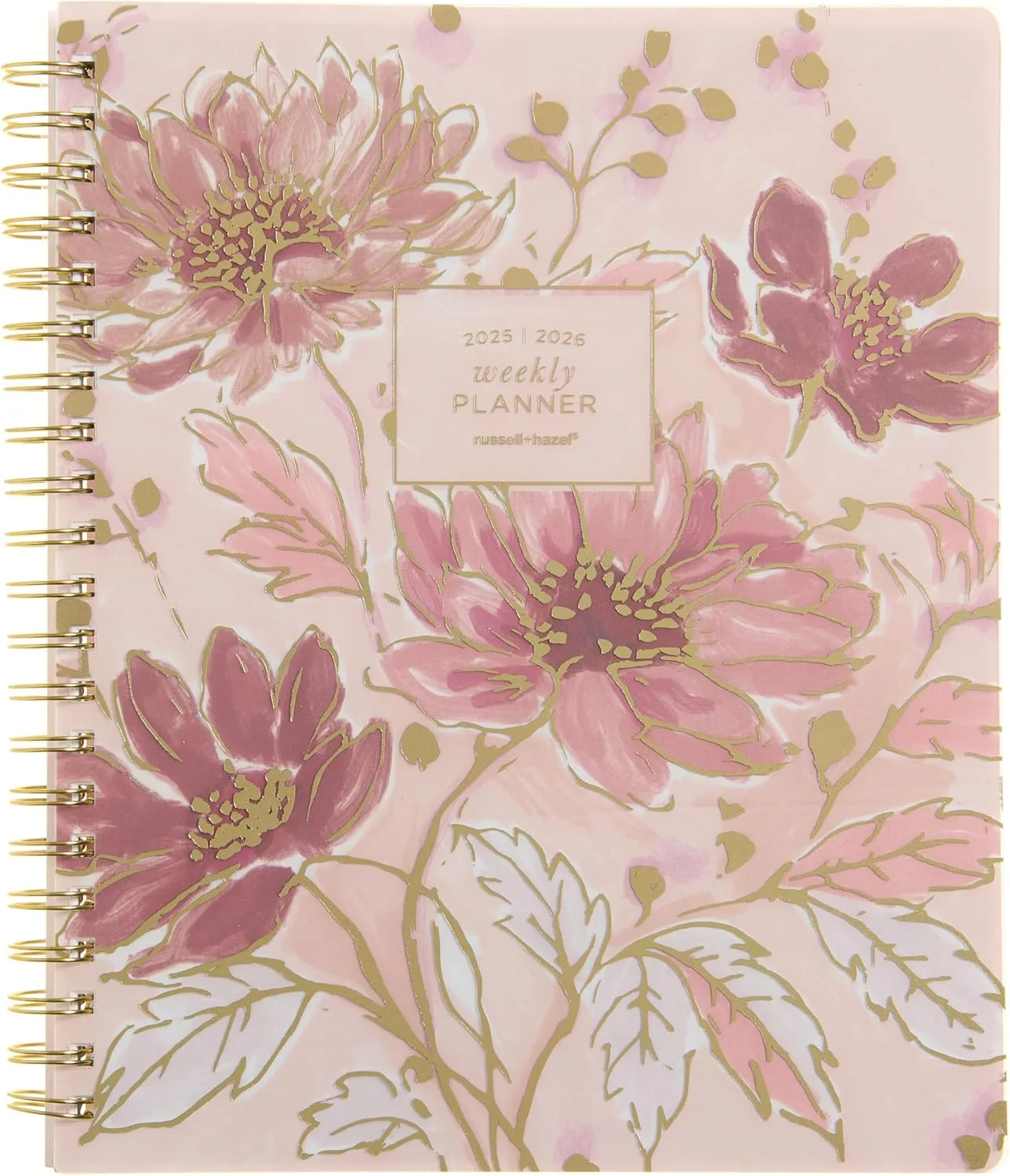 russell hazel 2025-2026 Weekly Planner, Spiral Bound Blush Floral with Gold Foil Details, 9.1" x 11.2", July 2025 - June 2026, Features 15 Monthly Spreads, 1-Count