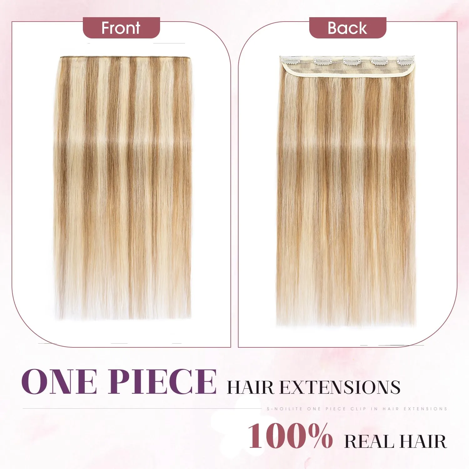 S-noilite Clip in Human Hair Extensions 1 Piece Balayage 5 Clips 3/4 Full Head Lighter One-Piece Design Adding Hair Volume 18Inch 50g Golden Brown Mix Bleach Blonde