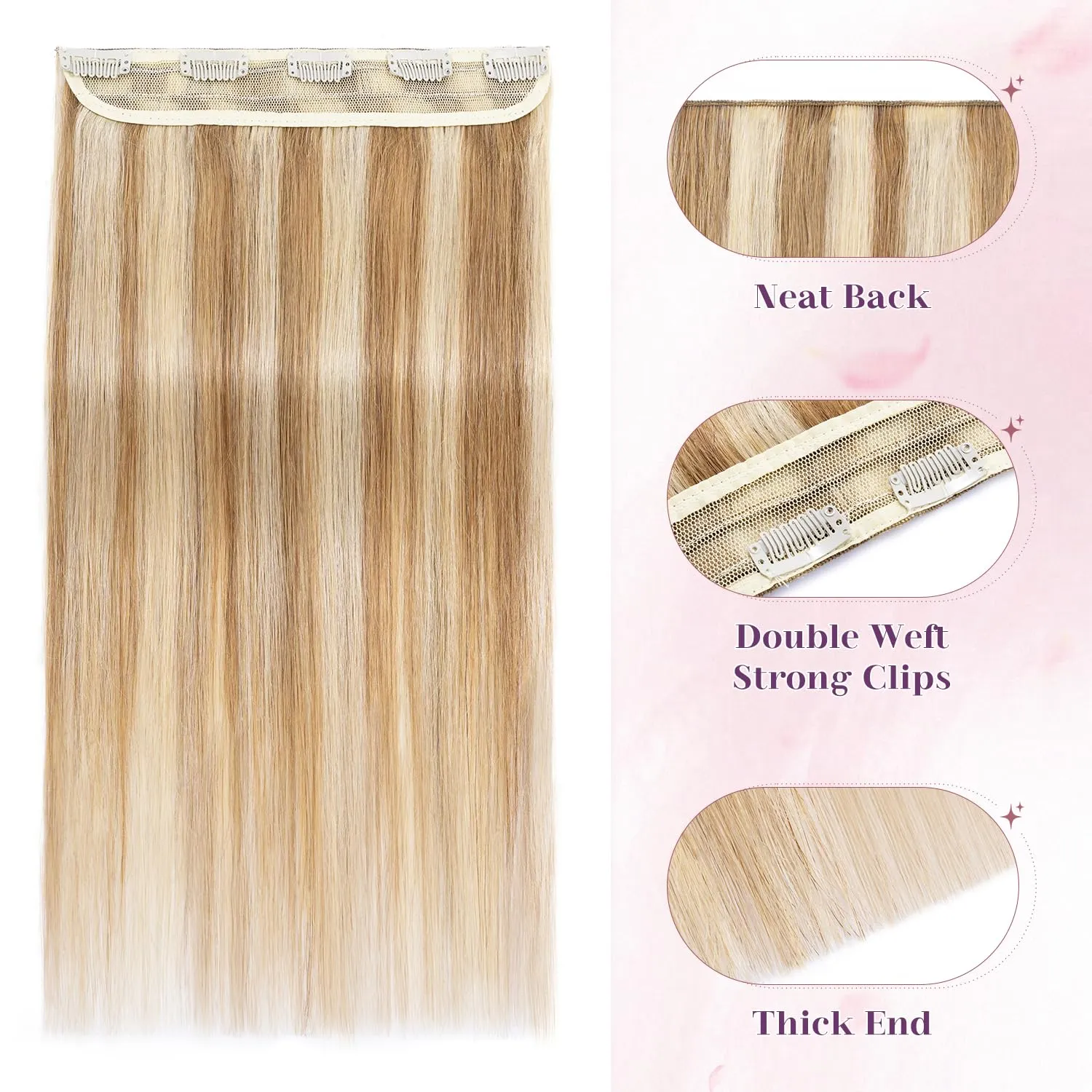 S-noilite Clip in Human Hair Extensions 1 Piece Balayage 5 Clips 3/4 Full Head Lighter One-Piece Design Adding Hair Volume 18Inch 50g Golden Brown Mix Bleach Blonde