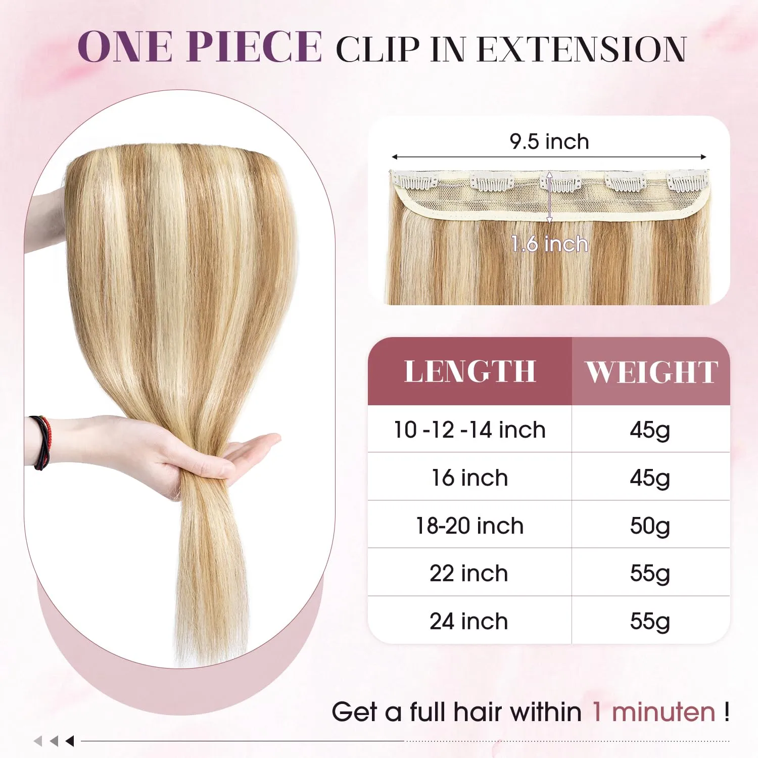 S-noilite Clip in Human Hair Extensions 1 Piece Balayage 5 Clips 3/4 Full Head Lighter One-Piece Design Adding Hair Volume 18Inch 50g Golden Brown Mix Bleach Blonde