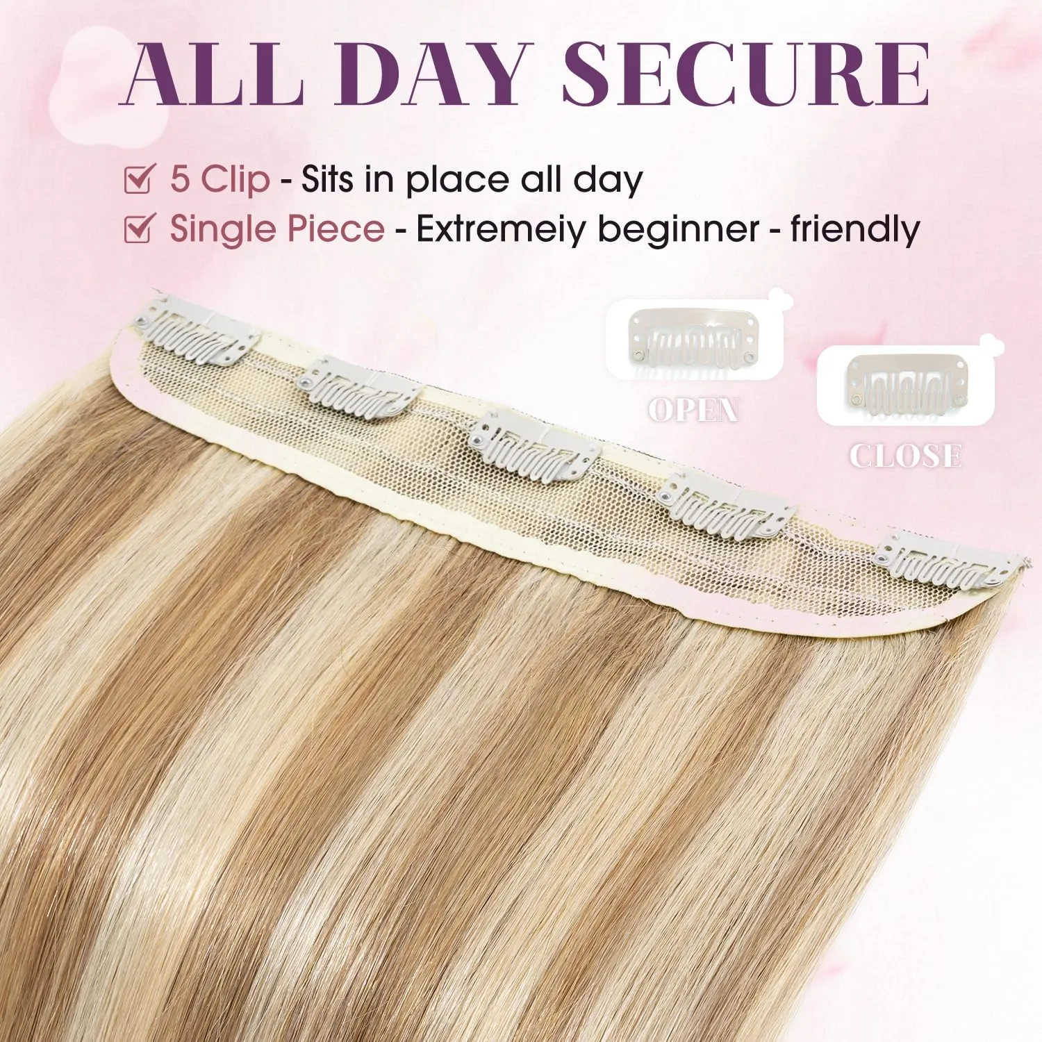 S-noilite Clip in Human Hair Extensions 1 Piece Balayage 5 Clips 3/4 Full Head Lighter One-Piece Design Adding Hair Volume 18Inch 50g Golden Brown Mix Bleach Blonde