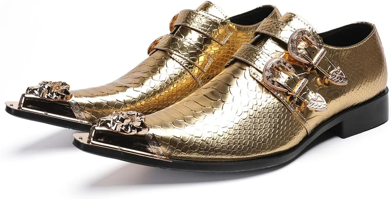 Santimon Men's Luxury Patent Leather Dress Shoes - Snakeskin Texture Metal Pointed Toe Metallic Monk Strap Loafers Formal Shoes with Buckle Accent for Wedding Party Bar Singer