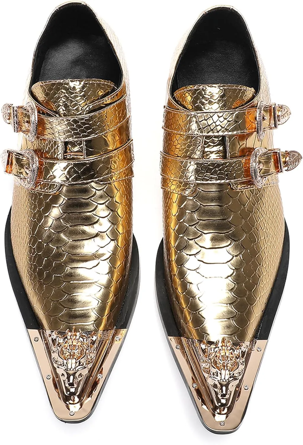 Santimon Men's Luxury Patent Leather Dress Shoes - Snakeskin Texture Metal Pointed Toe Metallic Monk Strap Loafers Formal Shoes with Buckle Accent for Wedding Party Bar Singer