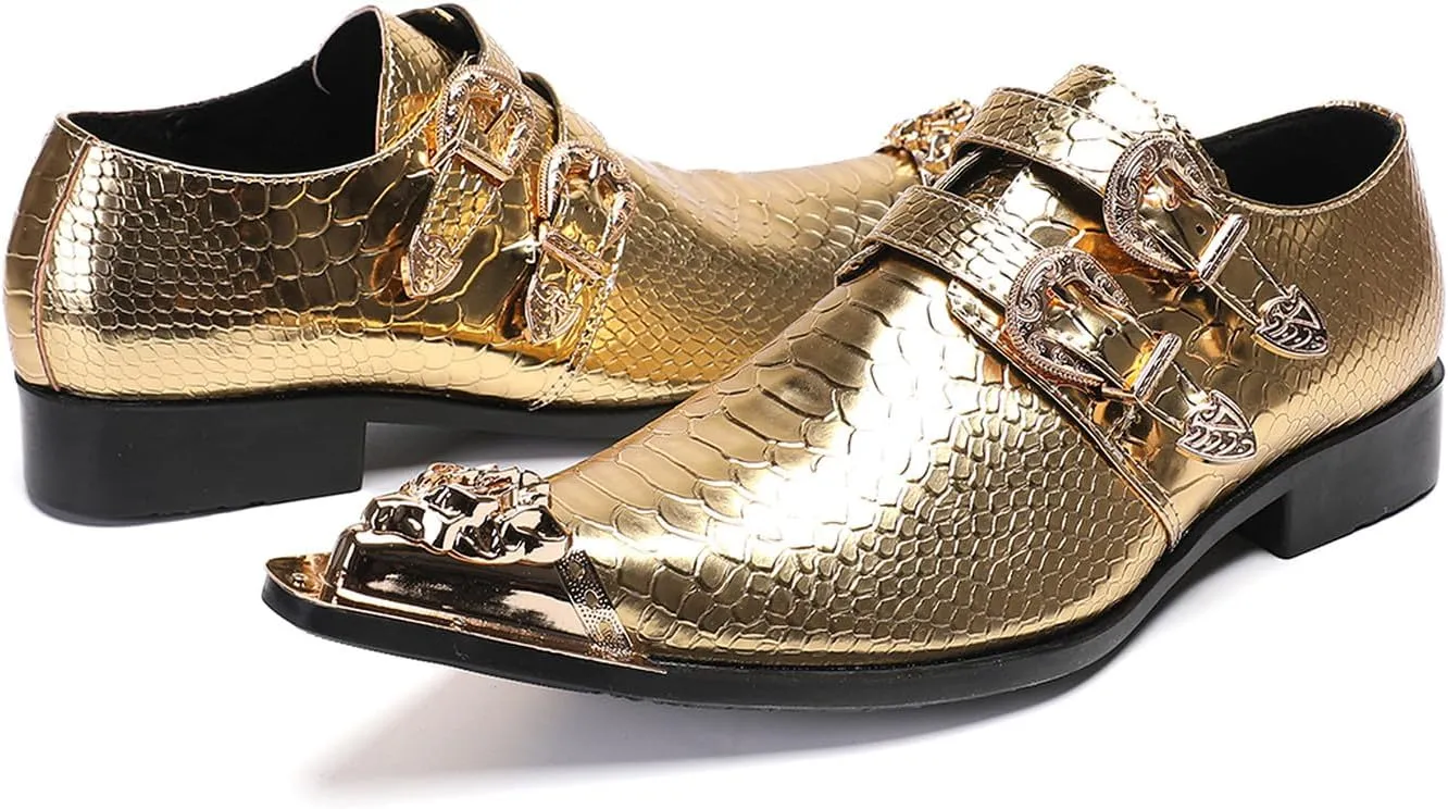 Santimon Men's Luxury Patent Leather Dress Shoes - Snakeskin Texture Metal Pointed Toe Metallic Monk Strap Loafers Formal Shoes with Buckle Accent for Wedding Party Bar Singer