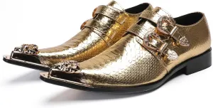 Santimon Men's Luxury Patent Leather Dress Shoes - Snakeskin Texture Metal Pointed Toe Metallic Monk Strap Loafers Formal Shoes with Buckle Accent for Wedding Party Bar Singer