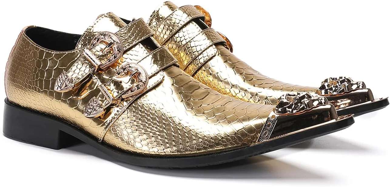 Santimon Men's Luxury Patent Leather Dress Shoes - Snakeskin Texture Metal Pointed Toe Metallic Monk Strap Loafers Formal Shoes with Buckle Accent for Wedding Party Bar Singer