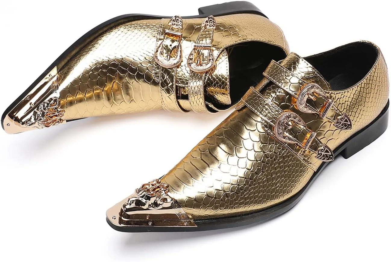 Santimon Men's Luxury Patent Leather Dress Shoes - Snakeskin Texture Metal Pointed Toe Metallic Monk Strap Loafers Formal Shoes with Buckle Accent for Wedding Party Bar Singer