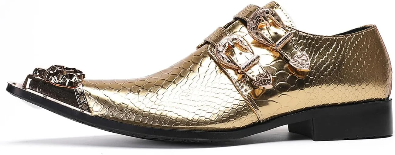 Santimon Men's Luxury Patent Leather Dress Shoes - Snakeskin Texture Metal Pointed Toe Metallic Monk Strap Loafers Formal Shoes with Buckle Accent for Wedding Party Bar Singer