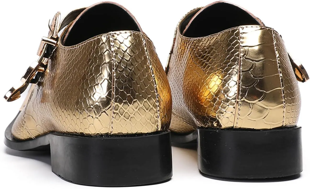 Santimon Men's Luxury Patent Leather Dress Shoes - Snakeskin Texture Metal Pointed Toe Metallic Monk Strap Loafers Formal Shoes with Buckle Accent for Wedding Party Bar Singer