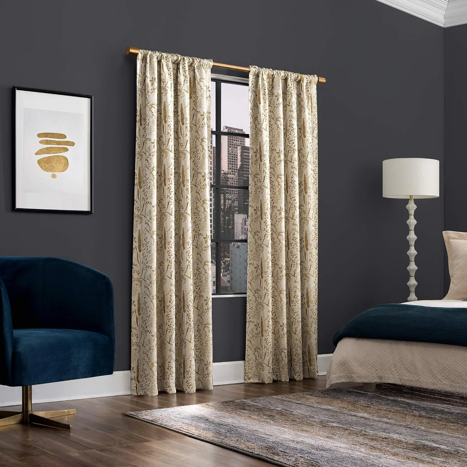 Scott Living Aubry Shimmering Floral Total Blackout Back Tab Curtain Panel, 52" x 84", Gold