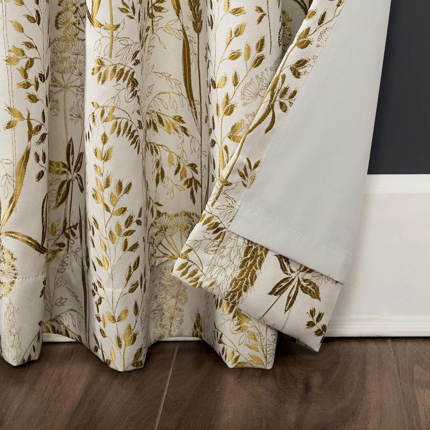 Scott Living Aubry Shimmering Floral Total Blackout Back Tab Curtain Panel, 52" x 84", Gold