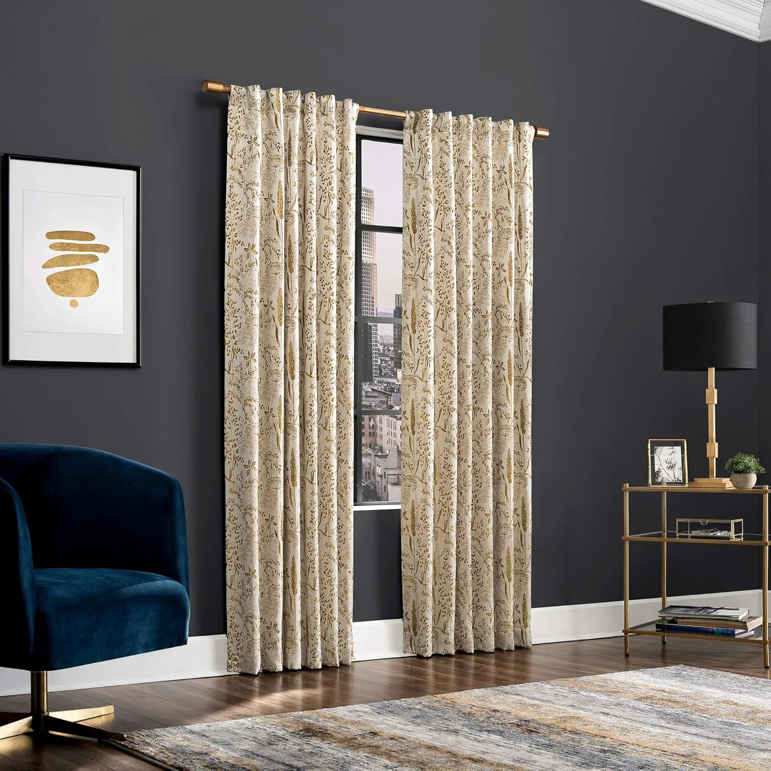Scott Living Aubry Shimmering Floral Total Blackout Back Tab Curtain Panel, 52" x 84", Gold