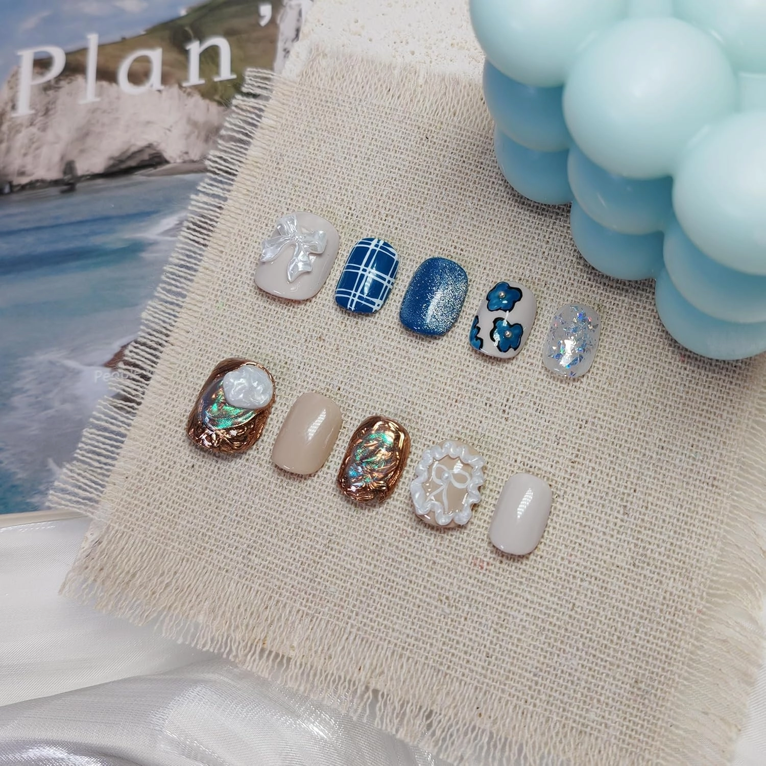 Short Square Press on Nails Handmade False Nails with 3D Designs/Charms, Cute Reusable Fake Stick on Acrylic Tips (Peacock Blue, Small)