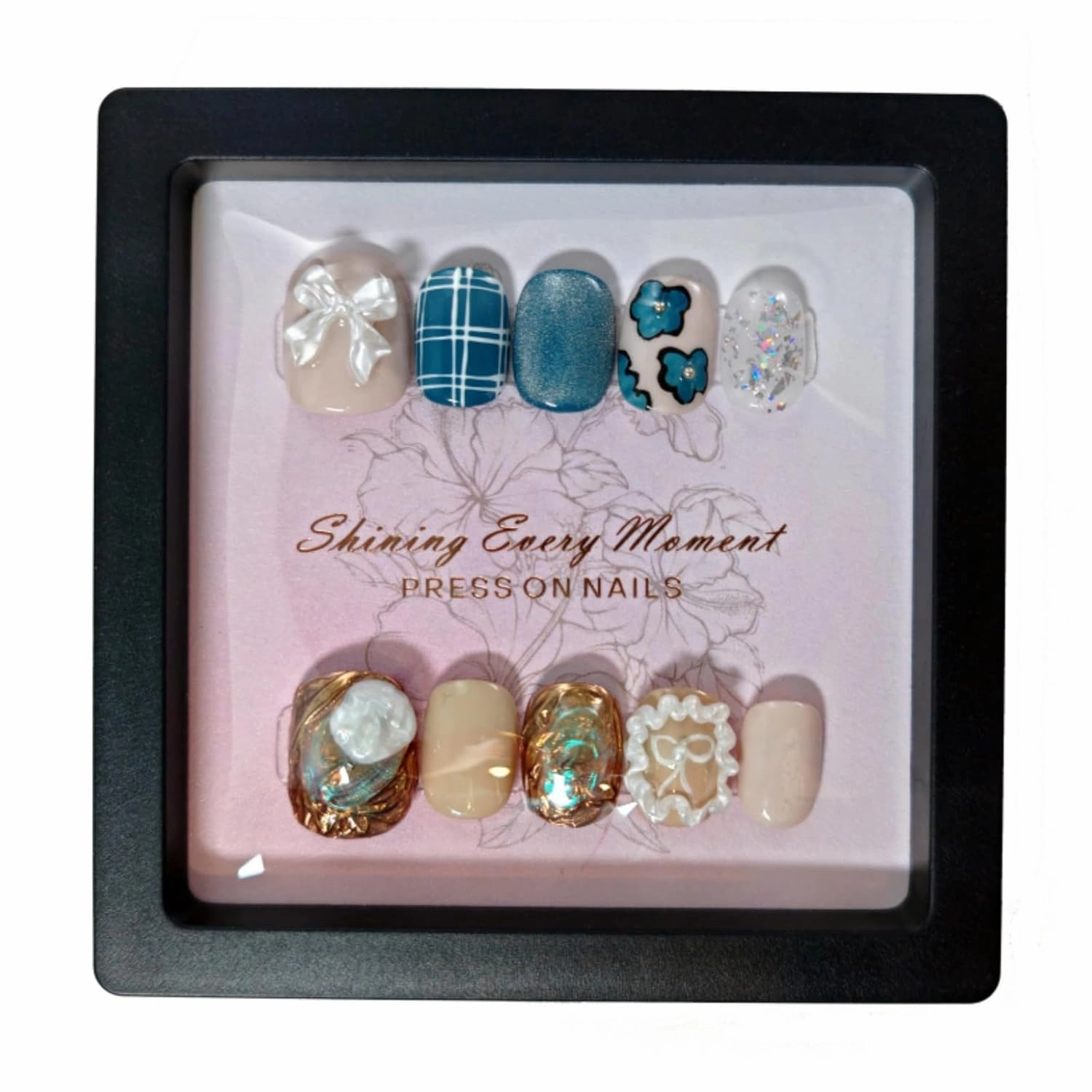 Short Square Press on Nails Handmade False Nails with 3D Designs/Charms, Cute Reusable Fake Stick on Acrylic Tips (Peacock Blue, Small)