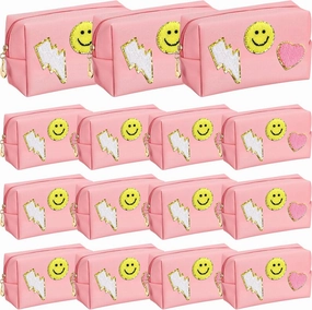 Silkfly 15 Pcs Preppy Patch Makeup Bag Bulk End of the Year Teacher Gifts Bulk Cosmetic Toiletry Bag Smile Lightning Heart PU Leather Portable Waterproof Makeup Cosmetic Purse for Women(Pink)