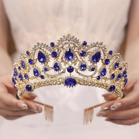 Silver Crystal Crown Tiara for Women Glitter Rhinestone Bridal Wedding Crowns Headband with Pearl Princess Quinceanera Headpieces for Birthday Prom Pageant Party (01Gold-blue, Standard)
