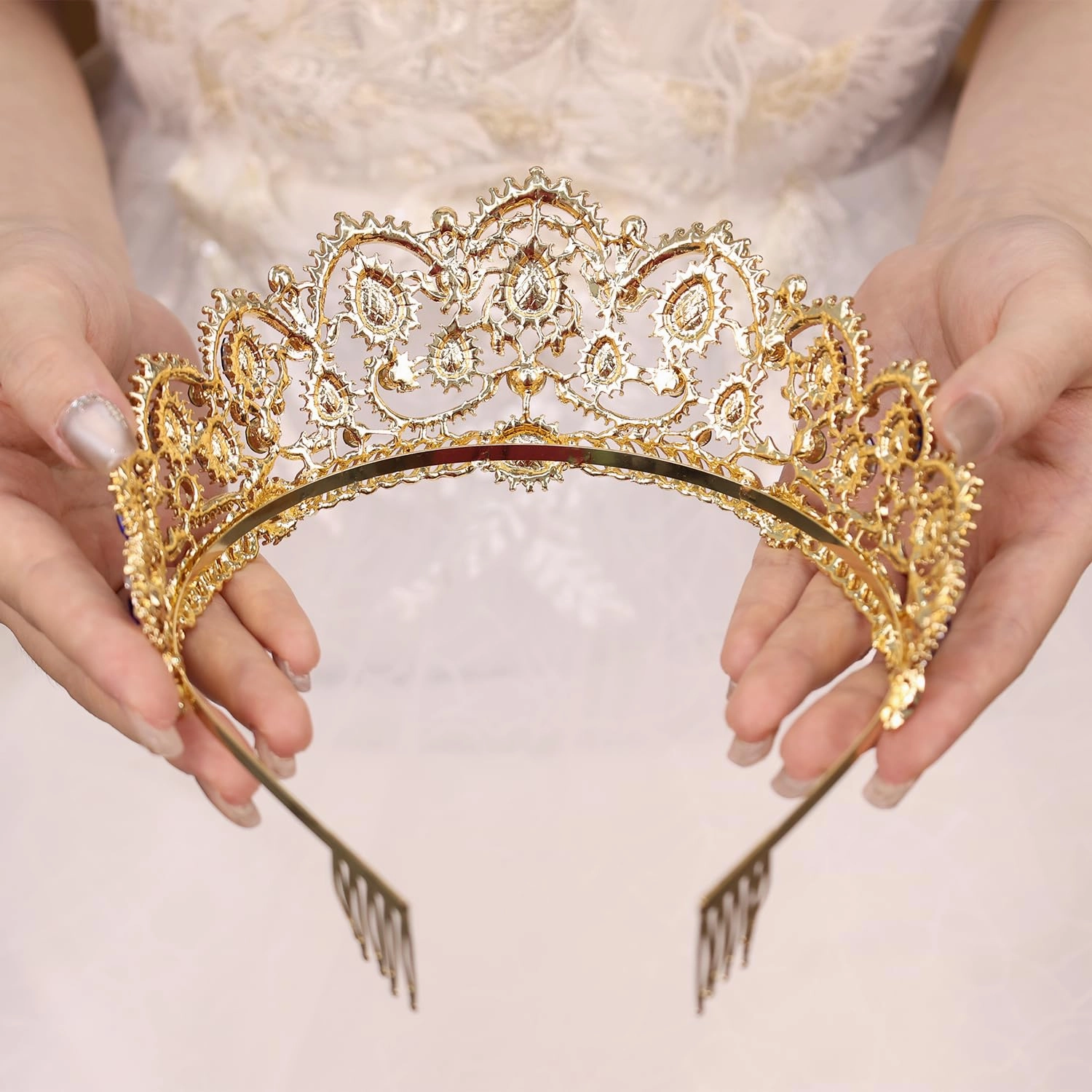 Silver Crystal Crown Tiara for Women Glitter Rhinestone Bridal Wedding Crowns Headband with Pearl Princess Quinceanera Headpieces for Birthday Prom Pageant Party (01Gold-blue, Standard)