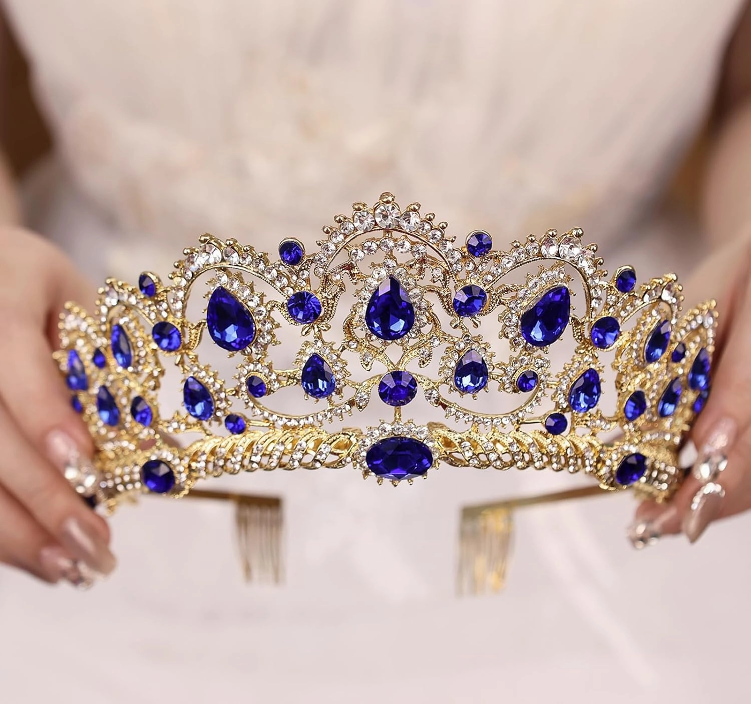 Silver Crystal Crown Tiara for Women Glitter Rhinestone Bridal Wedding Crowns Headband with Pearl Princess Quinceanera Headpieces for Birthday Prom Pageant Party (01Gold-blue, Standard)