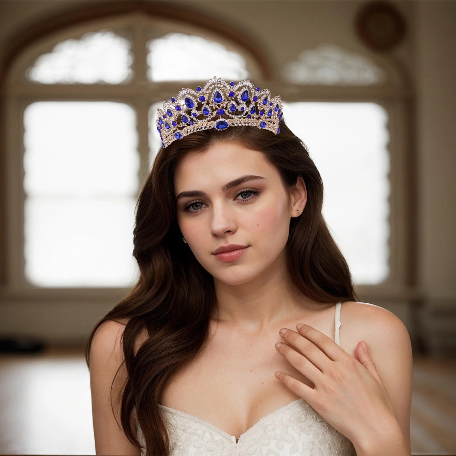 Silver Crystal Crown Tiara for Women Glitter Rhinestone Bridal Wedding Crowns Headband with Pearl Princess Quinceanera Headpieces for Birthday Prom Pageant Party (01Gold-blue, Standard)
