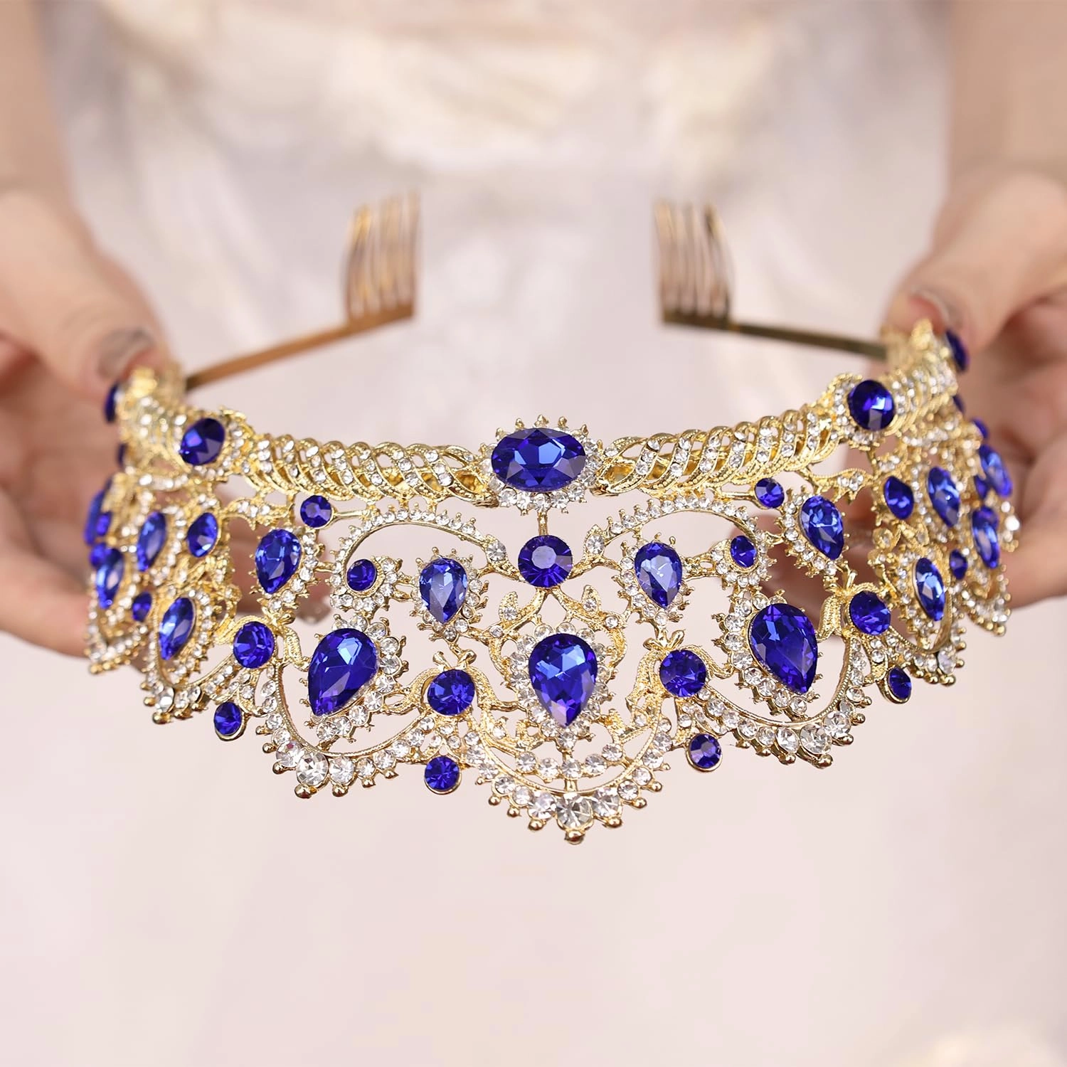 Silver Crystal Crown Tiara for Women Glitter Rhinestone Bridal Wedding Crowns Headband with Pearl Princess Quinceanera Headpieces for Birthday Prom Pageant Party (01Gold-blue, Standard)