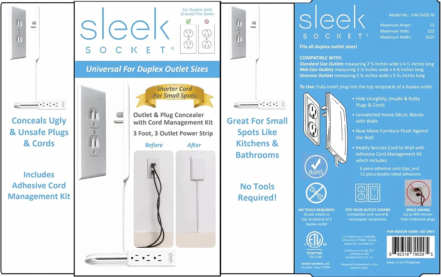 Sleek Socket Original & Patented Ultra-Thin Outlet Concealer with Cord Concealer Kit, Flat Extension Cord with Multi Outlets Power Strip, Ideal for Home Improvement, Hide Bulky and Messy Cords