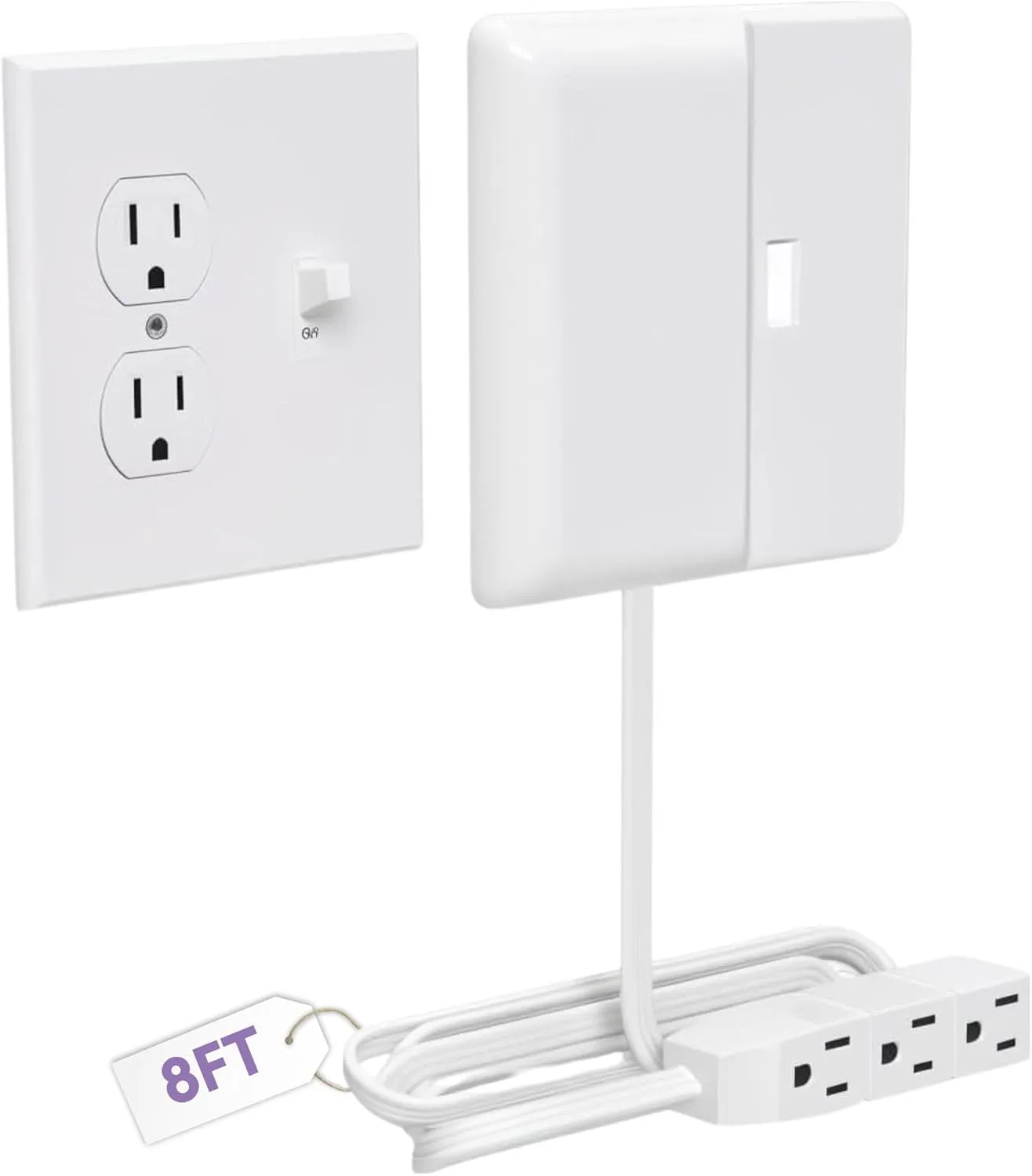 Sleek Socket Outlet & Plug Concealer for Wall Outlet with Cord Concealer Kit, 8-Foot Flat Extension Cord with Multiple Outlets Power Strip, Ideal for Home Offices