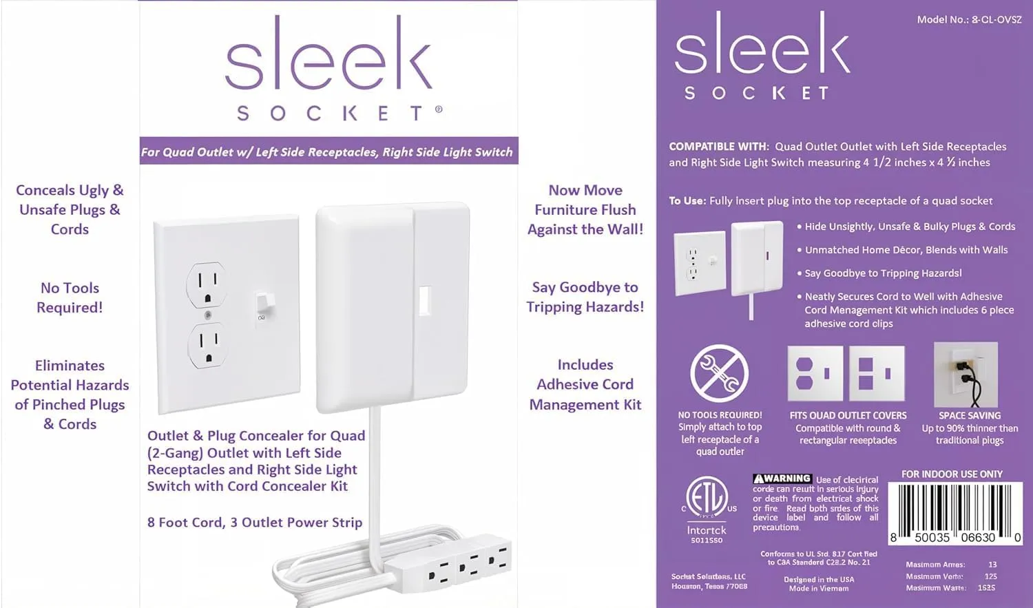 Sleek Socket Outlet & Plug Concealer for Wall Outlet with Cord Concealer Kit, 8-Foot Flat Extension Cord with Multiple Outlets Power Strip, Ideal for Home Offices