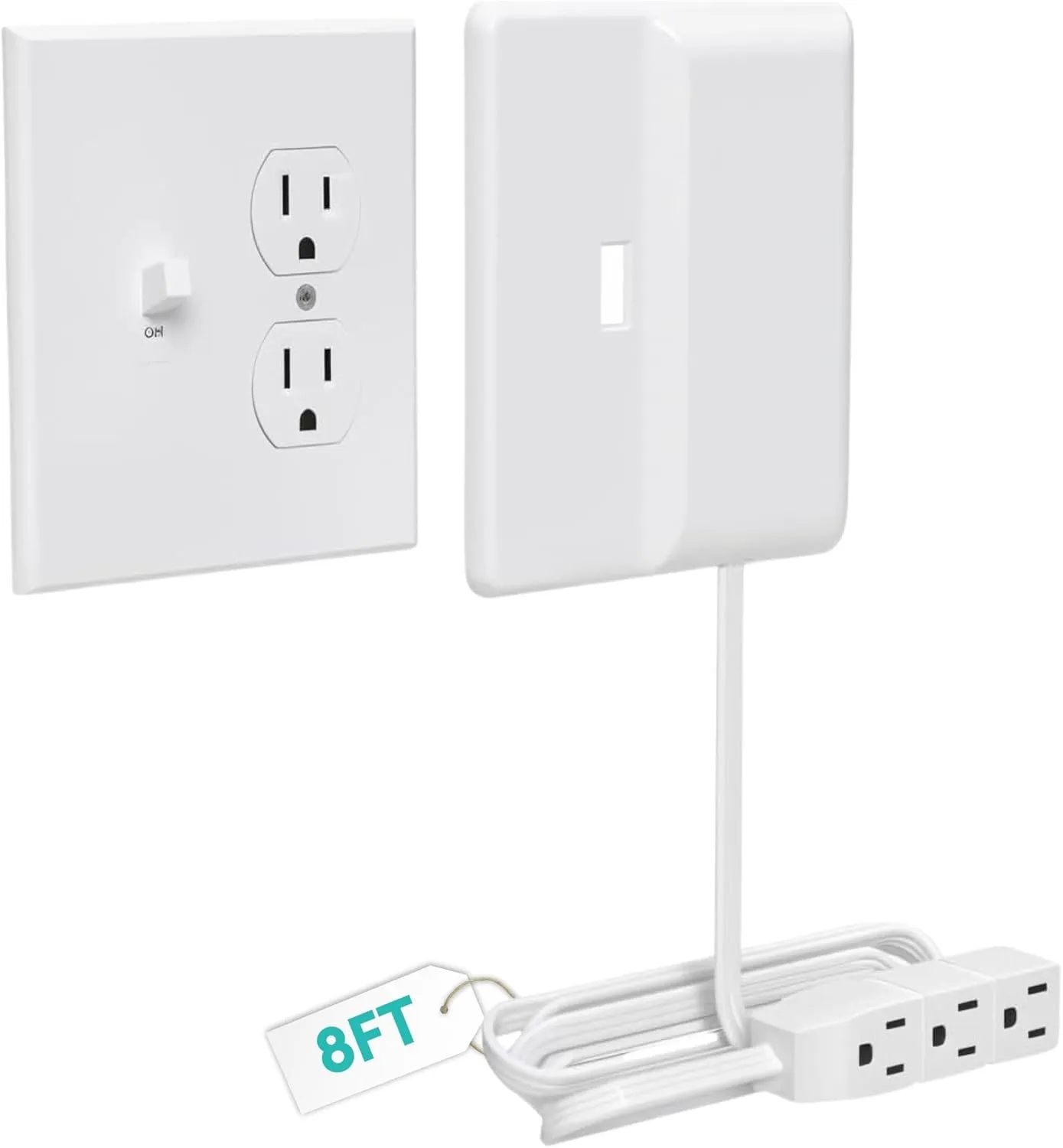 Sleek Socket Outlet & Plug Concealer for Wall Outlet with Cord Concealer Kit, 8-Foot Flat Extension Cord with Multiple Outlets Power Strip, Ideal for Home Offices