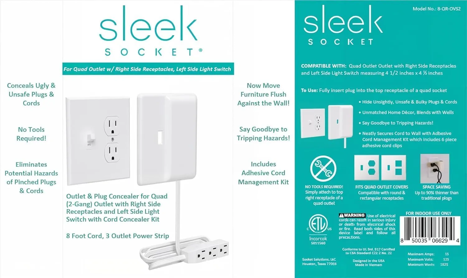 Sleek Socket Outlet & Plug Concealer for Wall Outlet with Cord Concealer Kit, 8-Foot Flat Extension Cord with Multiple Outlets Power Strip, Ideal for Home Offices
