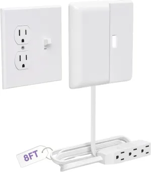 Sleek Socket Outlet & Plug Concealer for Wall Outlet with Cord Concealer Kit, 8-Foot Flat Extension Cord with Multiple Outlets Power Strip, Ideal for Home Offices