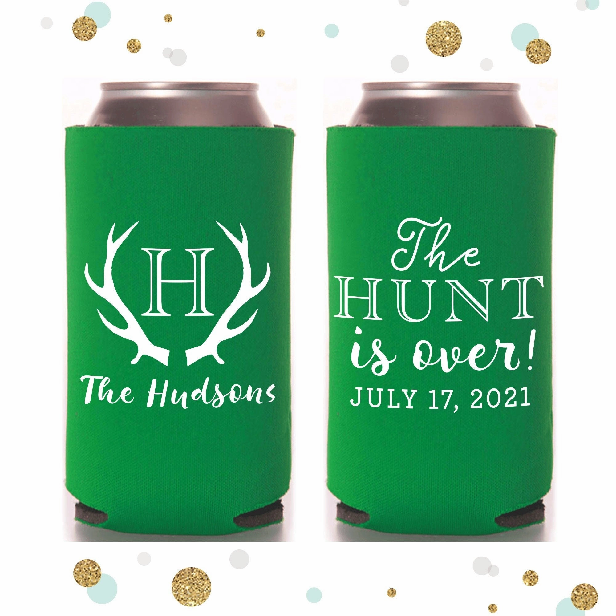 Slim 12oz Wedding Can Cooler #111S - The Hunt is Over