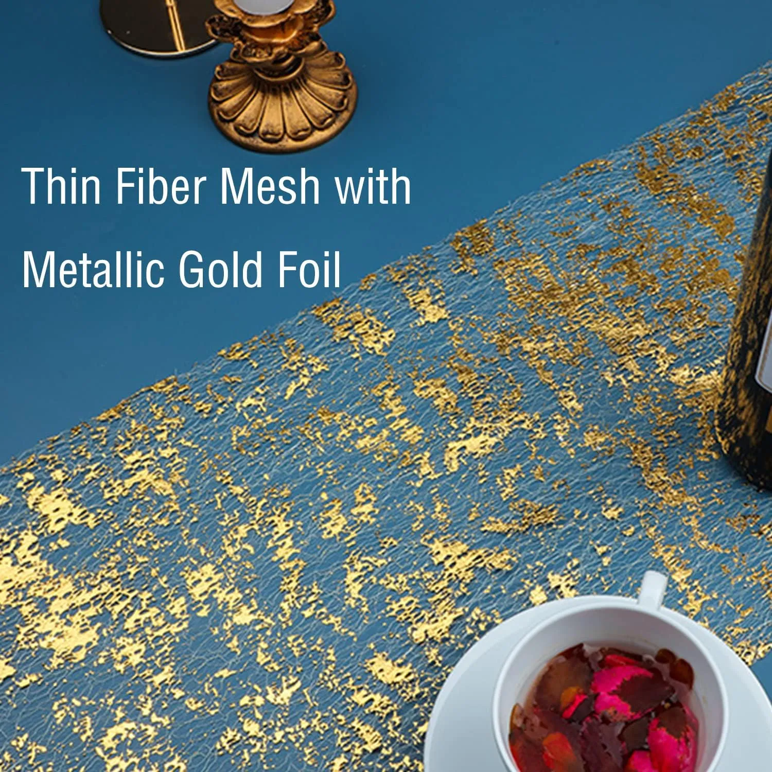 Snowkingdom Glitter Metallic Gold Table Runner 11 Inch x 100 Feet Thin Mesh Sparkle Runner Roll Table Decorations for Wedding Bridal Shower, Baby Shower, Christmas, Birthday Party （1PC）