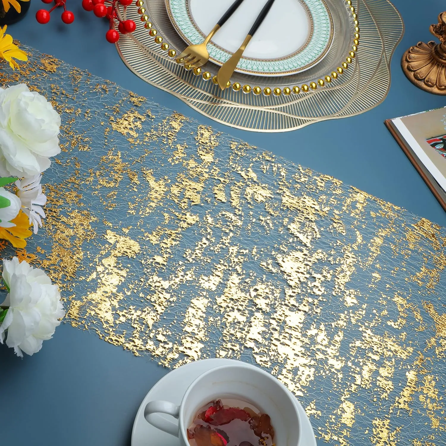 Snowkingdom Glitter Metallic Gold Table Runner 11 Inch x 100 Feet Thin Mesh Sparkle Runner Roll Table Decorations for Wedding Bridal Shower, Baby Shower, Christmas, Birthday Party （1PC）